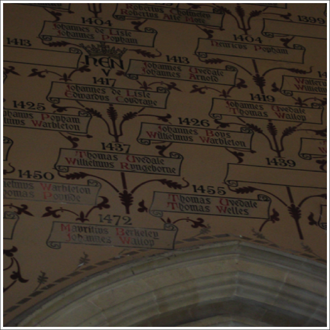 Winchester Castle - Names of Knights of the Shire (Hampshire) on the other end of the hall from “King Arthur’s Roundtable”. Various Uvedale’s were knights of the shire for Hampshire